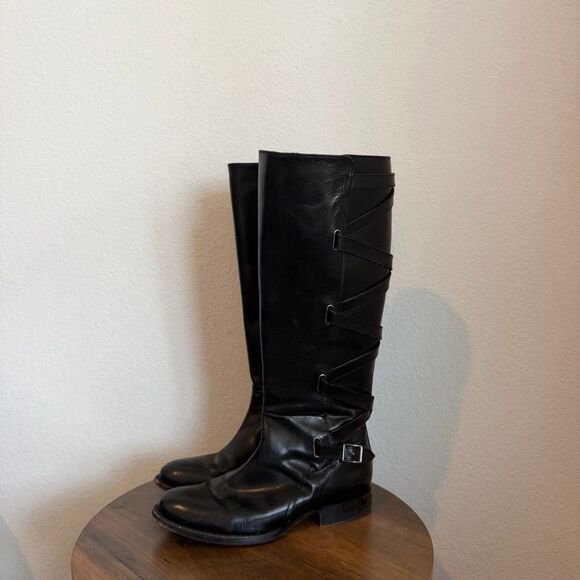 Frye Shoes - FRYE Black Leather Jordan Criss-Cross Strappy Tall Riding Boots Women's Size 6